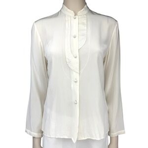 NITYA‎ 100% Silk Mandarin Collar Long Sleeve Ivory Bib Front Blouse Top US 6 S